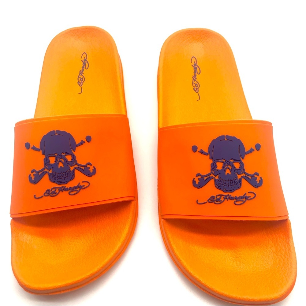 Ed Hardy Darkness Orange and Blue Skull Print Slide Sandals NWT Size 9